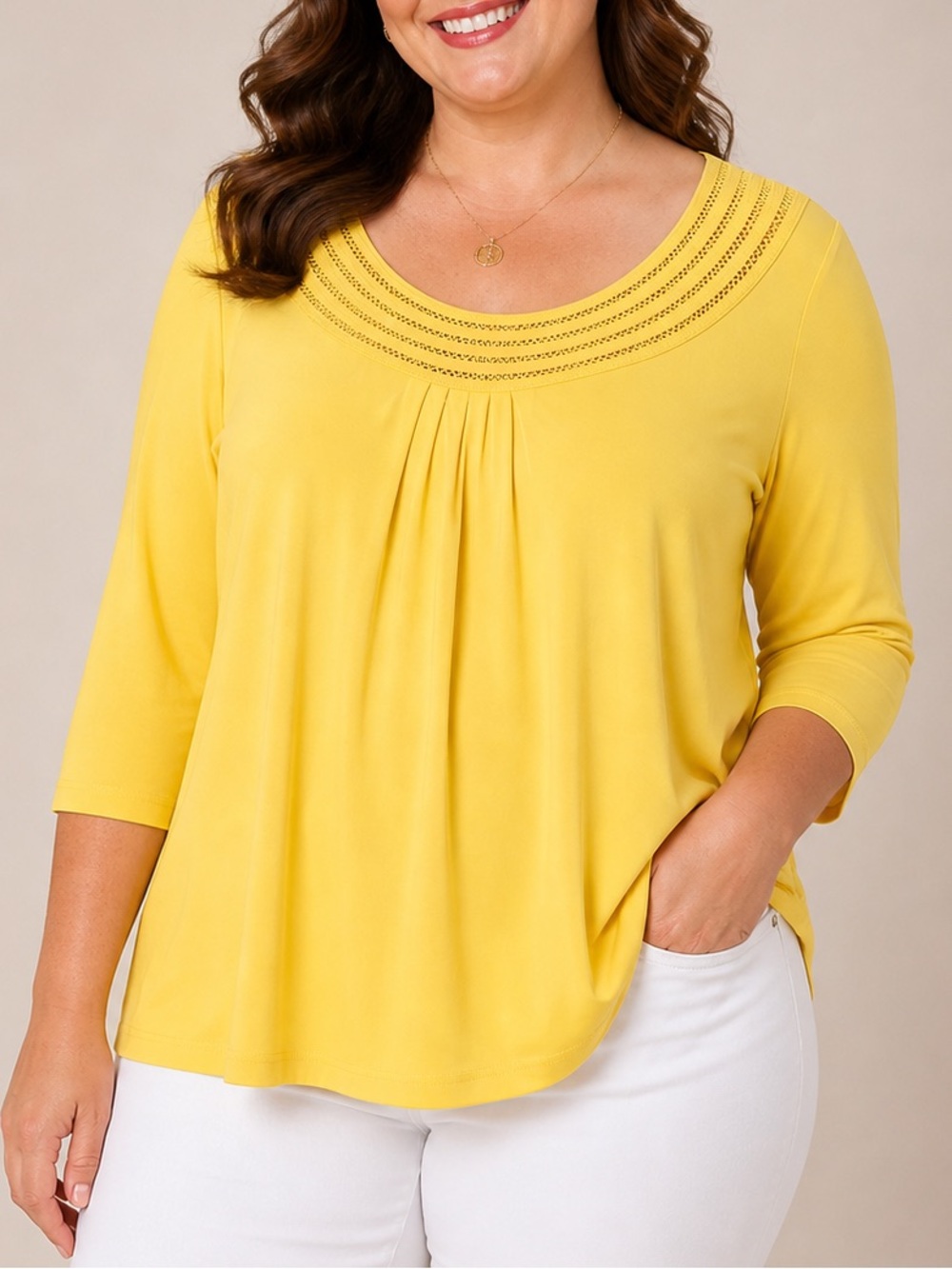 Susan Graver 1X Yellow Liquid Knit Top Crochet Scoop Neck 3/4 Sleeve Plus QVC